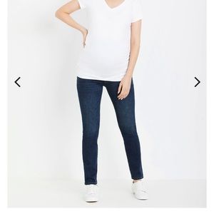 INDIGO BLUE, motherhood maternity brand. Dark wash straight leg secret fit jeans